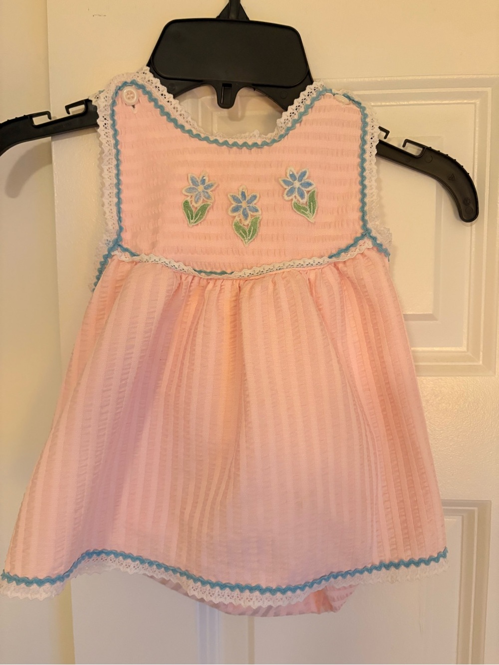 Vintage 90s Carter's Light Pink Baby Dress with Blue Trim